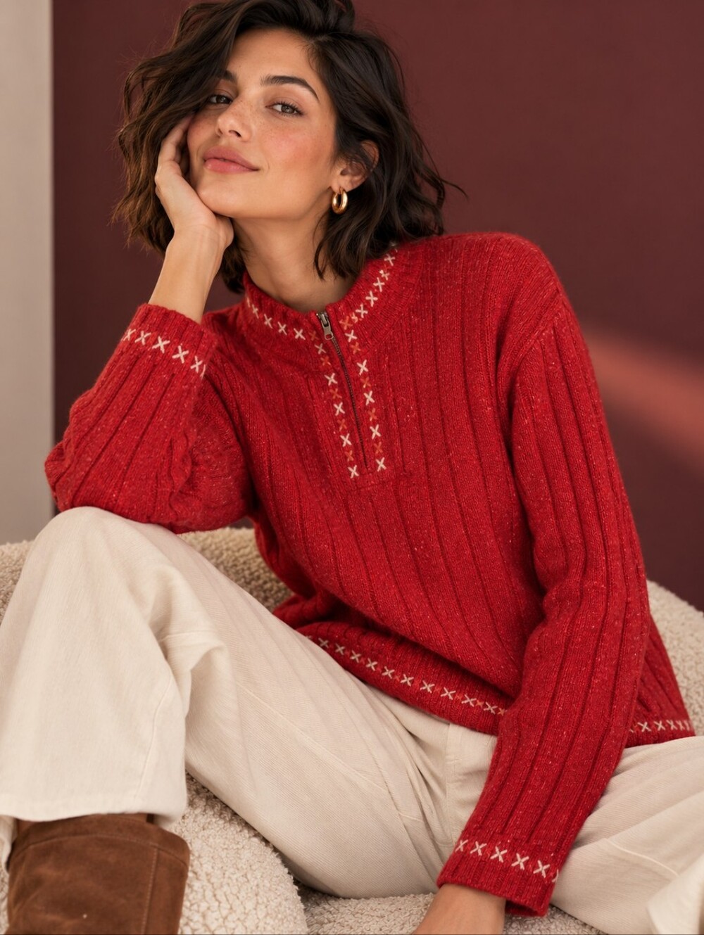 WOOLRICH WOOL RAMIE Blend Ruby Heather 1/4Zip Rib Sweater Bittersweet 9506 LARGE